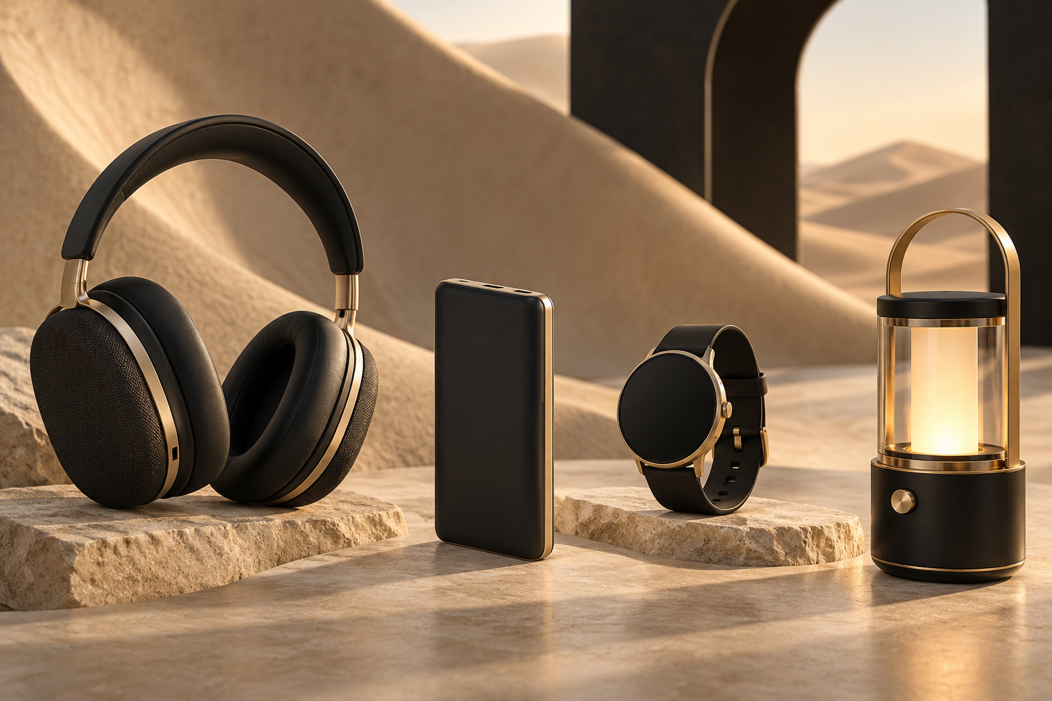 Headphones, power bank, smart watch and camping lantern in black and gold